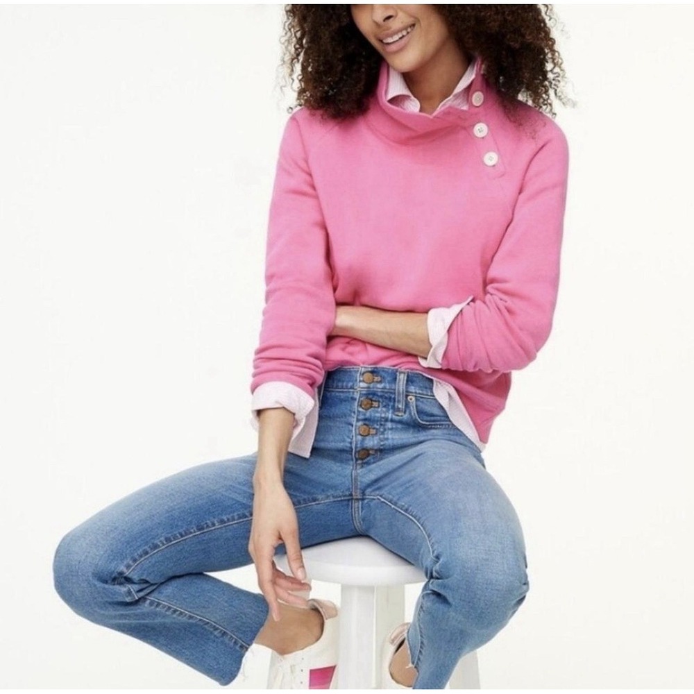 J.Crew Womens Small Pink Button Collar Fleece Pullover Sweatshirt Long Sleeve